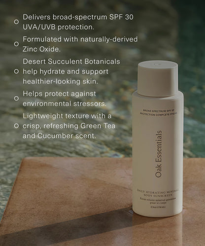 Oak Essentials Daily Hydrating Mineral Body Sunscreen SPF 30, 6 fl oz | 11% non-nano zinc oxide, hydrating for dry skin, fast-absorbing, non-greasy, lightweight, broad spectrum